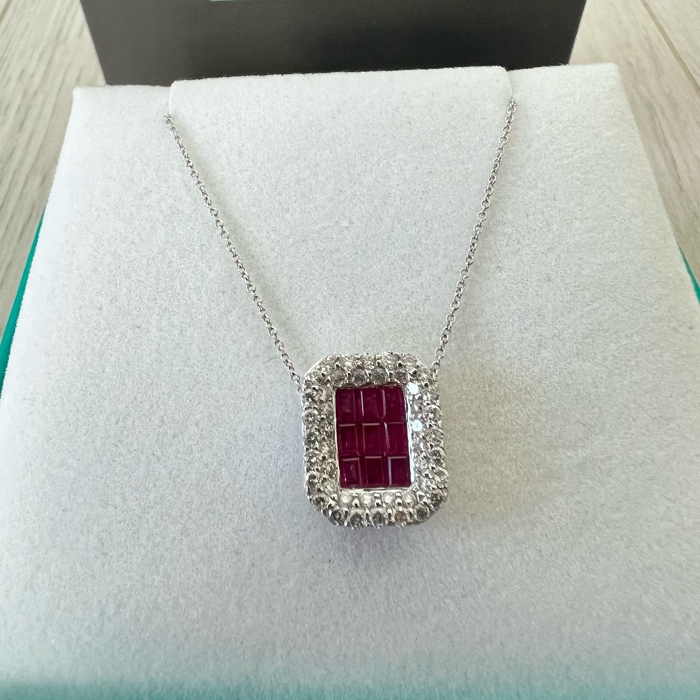Effy 9 Rubies Diamonds Pendant 14K White Gold Necklace NEW